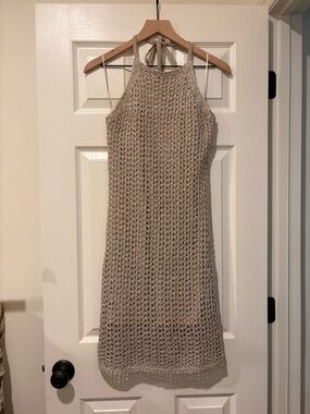Neutral Crochet Halter Midi Dress - Lightweight Beige